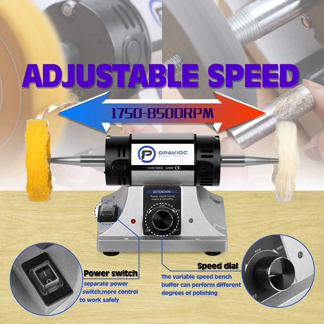 Alt view image 4 of 6 - Jewelry Polisher - Adjustable Variable Speed Bench Grinder Polishing & Buffing Machine, Dental Buffer & Lathe - Includes 6 Cloth Wheels, 2 Abrasive Fiber Wheels, Safety Glass, Polish Compound