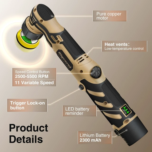 Alt view image 5 of 7 - Cordless Mini Polisher, DA&RO Mini CarBuffer Polisher | 1/1.5/2Inch, 11 Variable Speed 2500-6000 RPM, Car Detailing Micro Polisher, 2.3Ah Rechargeable Battery
