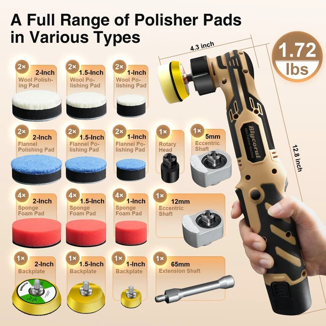 Alt view image 7 of 7 - Cordless Mini Polisher, DA&RO Mini CarBuffer Polisher | 1/1.5/2Inch, 11 Variable Speed 2500-6000 RPM, Car Detailing Micro Polisher, 2.3Ah Rechargeable Battery
