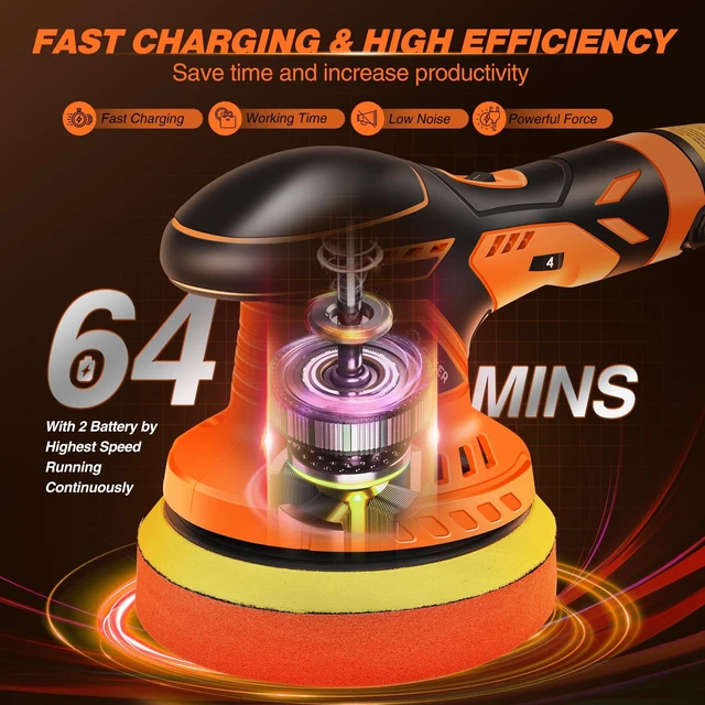 Alt view image 2 of 7 - Cordless Buffer Polisher, 6 Inch Fast Charging Portable Car Polishing Kit with 2PCS 12V 2000mAh Batteries, Polisher for Car Detailing Polishing Waxing (Orange, Buffer Polisher+2 Batteries+1 Bag)