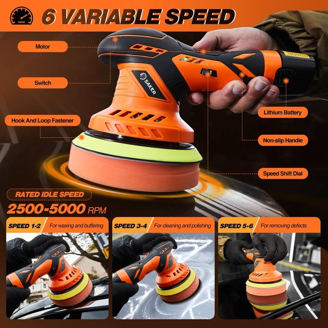 Alt view image 3 of 7 - Cordless Buffer Polisher, 6 Inch Fast Charging Portable Car Polishing Kit with 2PCS 12V 2000mAh Batteries, Polisher for Car Detailing Polishing Waxing (Orange, Buffer Polisher+2 Batteries+1 Bag)