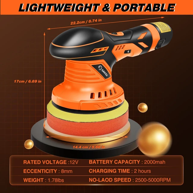 Alt view image 4 of 7 - Cordless Buffer Polisher, 6 Inch Fast Charging Portable Car Polishing Kit with 2PCS 12V 2000mAh Batteries, Polisher for Car Detailing Polishing Waxing (Orange, Buffer Polisher+2 Batteries+1 Bag)