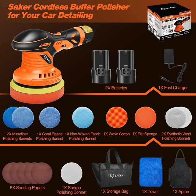 Alt view image 7 of 7 - Cordless Buffer Polisher, 6 Inch Fast Charging Portable Car Polishing Kit with 2PCS 12V 2000mAh Batteries, Polisher for Car Detailing Polishing Waxing (Orange, Buffer Polisher+2 Batteries+1 Bag)