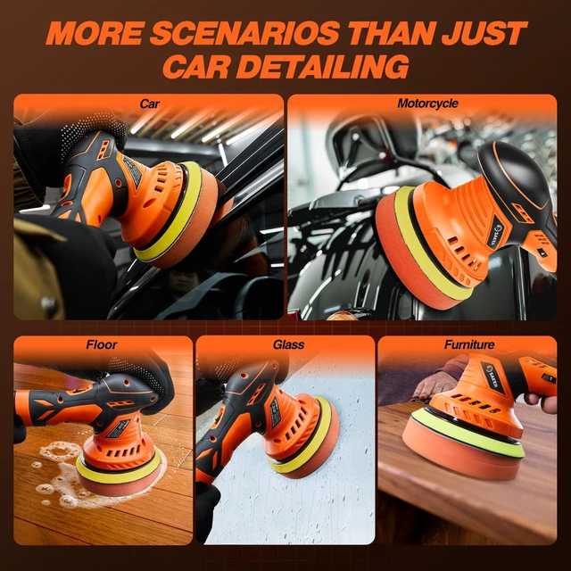Alt view image 5 of 7 - Cordless Buffer Polisher, 6 Inch Fast Charging Portable Car Polishing Kit with 2PCS 12V 2000mAh Batteries, Polisher for Car Detailing Polishing Waxing (Orange, Buffer Polisher+2 Batteries+1 Bag)