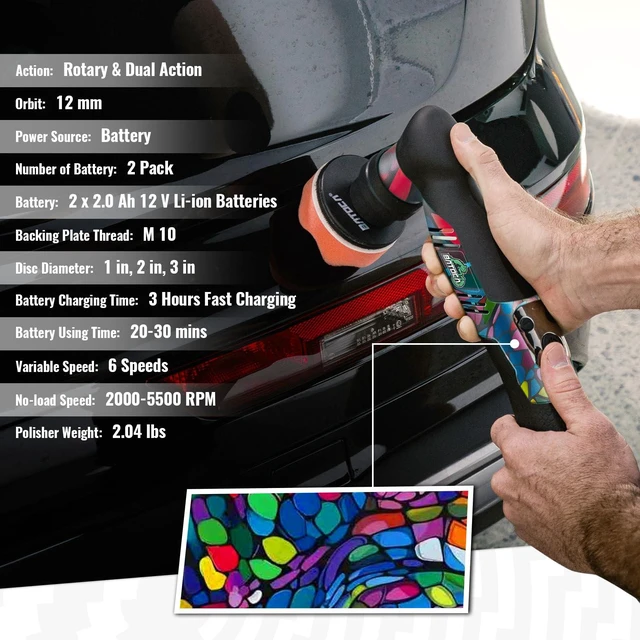 Alt view image 3 of 7 - S5 Cordless Mini Car Polisher Buffer Sander Rotary & Dual Action | Small Polishing Machine DA Orbital for Car Detailing Polish 1in 2inch 3 inch Polishing Pad Kit 2 Battery 6 Speed 2000-5500RPM