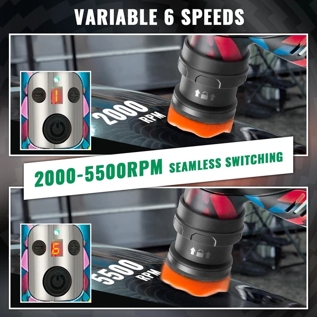 Alt view image 6 of 7 - S5 Cordless Mini Car Polisher Buffer Sander Rotary & Dual Action | Small Polishing Machine DA Orbital for Car Detailing Polish 1in 2inch 3 inch Polishing Pad Kit 2 Battery 6 Speed 2000-5500RPM