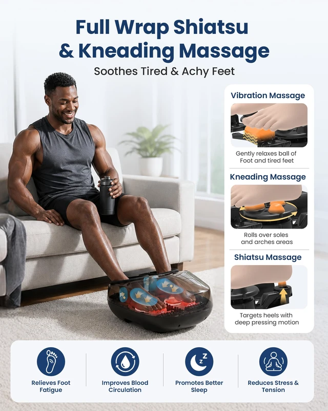 Alt view image 5 of 7 - Shiatsu Foot Massager with Heat,FSA Eligible,Upgrade Pause Function | Kneading, Vibration, Compression for Plantar Fasciitis Neuropathy, Remote Control, Up to Size 13, Gift for Men women