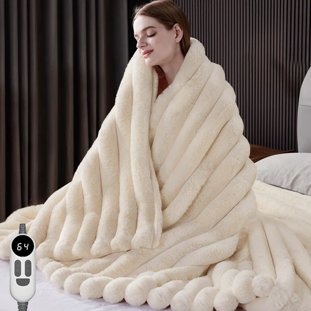 Main image of Heated Throw Blanket, Faux Fur Cozy Electric Blanket 62''*84'' | Heating Blanket with Overheat Protection, 1/2/3/4/5/6/7/8/9/10 Hours Auto-Off 6 Heat Levels, Machine Washable(Cream White)