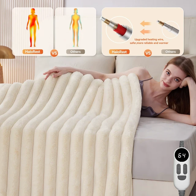 Alt view image 2 of 7 - Heated Throw Blanket, Faux Fur Cozy Electric Blanket 62''*84'' | Heating Blanket with Overheat Protection, 1/2/3/4/5/6/7/8/9/10 Hours Auto-Off 6 Heat Levels, Machine Washable(Cream White)