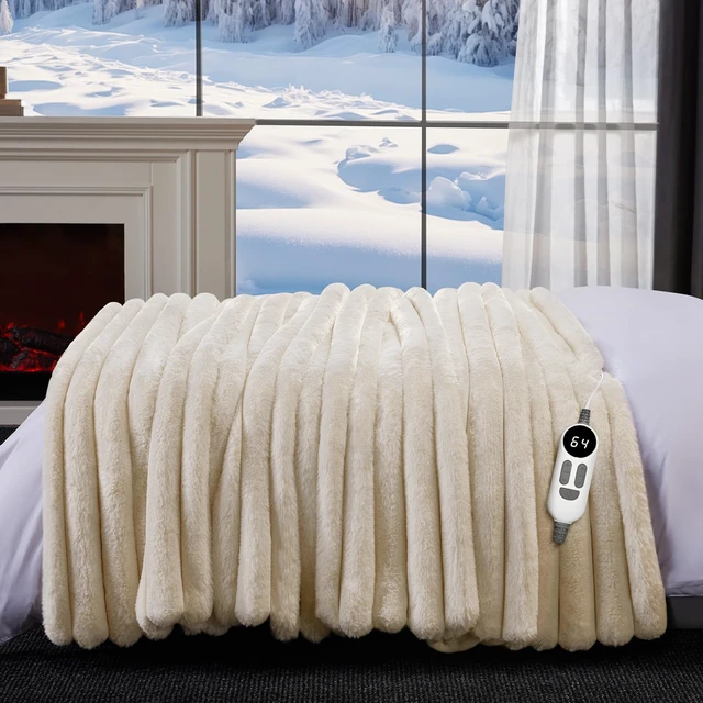 Alt view image 7 of 7 - Heated Throw Blanket, Faux Fur Cozy Electric Blanket 62''*84'' | Heating Blanket with Overheat Protection, 1/2/3/4/5/6/7/8/9/10 Hours Auto-Off 6 Heat Levels, Machine Washable(Cream White)