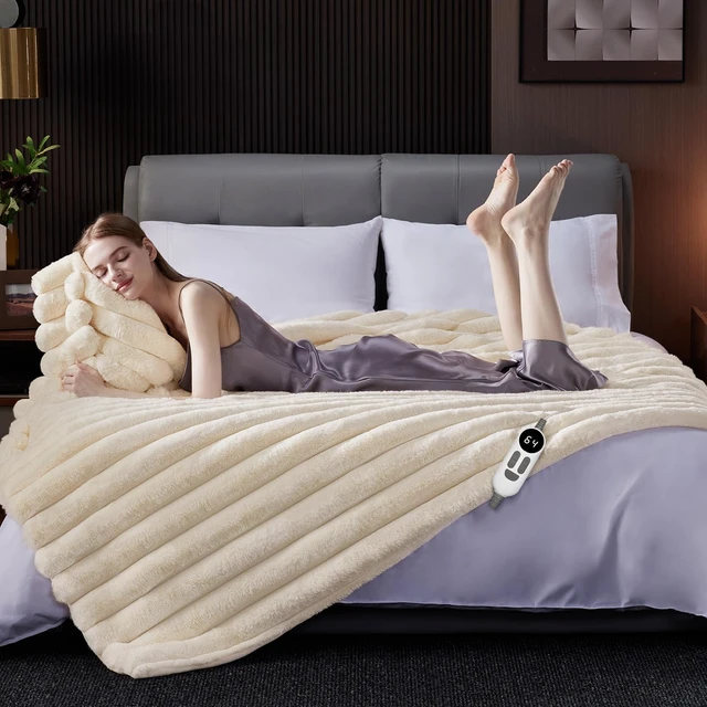Alt view image 5 of 7 - Heated Throw Blanket, Faux Fur Cozy Electric Blanket 62''*84'' | Heating Blanket with Overheat Protection, 1/2/3/4/5/6/7/8/9/10 Hours Auto-Off 6 Heat Levels, Machine Washable(Cream White)