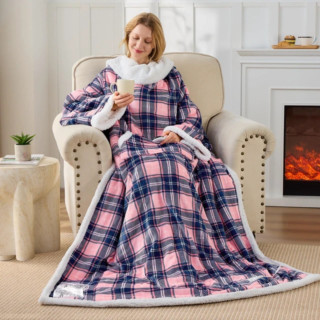 Main image of Electric Heated Blanket Wearable Throw with Foot Pocket & Front Pouch | Oversized 52"x72", 6 Heat Settings, 4H Auto-Off, Reversible Flannel & Sherpa, Heated Blanket for Bed or Couch, Pink Plaid