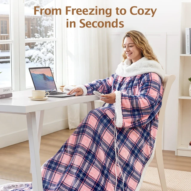 Alt view image 2 of 7 - Electric Heated Blanket Wearable Throw with Foot Pocket & Front Pouch | Oversized 52"x72", 6 Heat Settings, 4H Auto-Off, Reversible Flannel & Sherpa, Heated Blanket for Bed or Couch, Pink Plaid