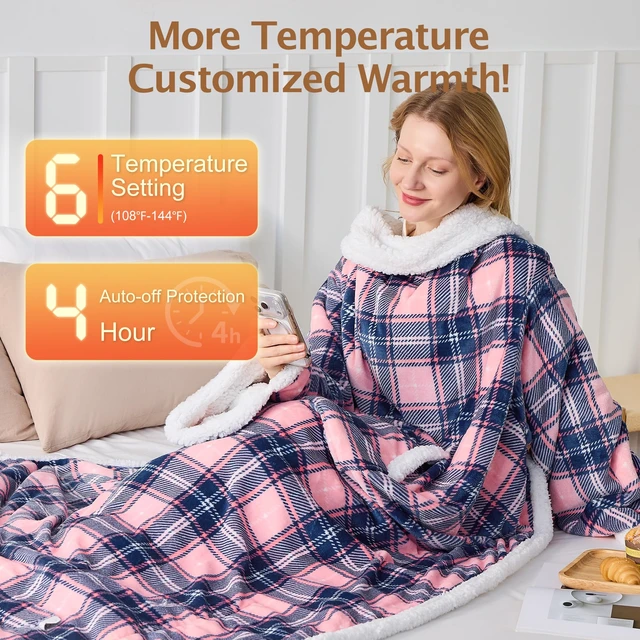 Alt view image 4 of 7 - Electric Heated Blanket Wearable Throw with Foot Pocket & Front Pouch | Oversized 52"x72", 6 Heat Settings, 4H Auto-Off, Reversible Flannel & Sherpa, Heated Blanket for Bed or Couch, Pink Plaid