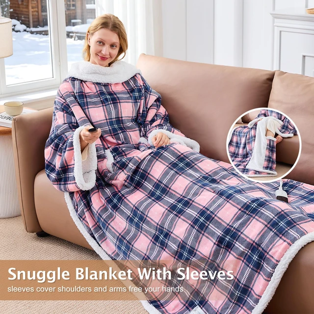 Alt view image 5 of 7 - Electric Heated Blanket Wearable Throw with Foot Pocket & Front Pouch | Oversized 52"x72", 6 Heat Settings, 4H Auto-Off, Reversible Flannel & Sherpa, Heated Blanket for Bed or Couch, Pink Plaid
