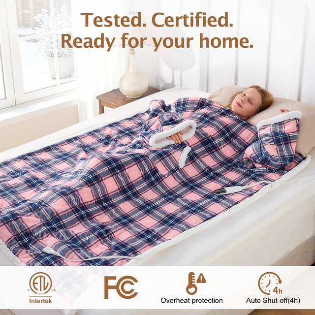 Alt view image 3 of 7 - Electric Heated Blanket Wearable Throw with Foot Pocket & Front Pouch | Oversized 52"x72", 6 Heat Settings, 4H Auto-Off, Reversible Flannel & Sherpa, Heated Blanket for Bed or Couch, Pink Plaid