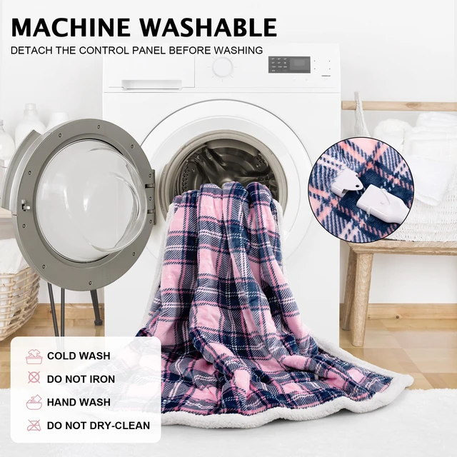 Alt view image 7 of 7 - Electric Heated Blanket Wearable Throw with Foot Pocket & Front Pouch | Oversized 52"x72", 6 Heat Settings, 4H Auto-Off, Reversible Flannel & Sherpa, Heated Blanket for Bed or Couch, Pink Plaid