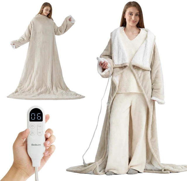 Main image of Wearable Heated Blanket with Foot Pocket & Sleeves, 50x71+18" Cream | Preheat Function, Sherpa Electric Robe Throw, Gifts for Women, 6 Heat/6 Timer (Up to 10H) Settings, 8H Auto Shut Off, ETL/FCC