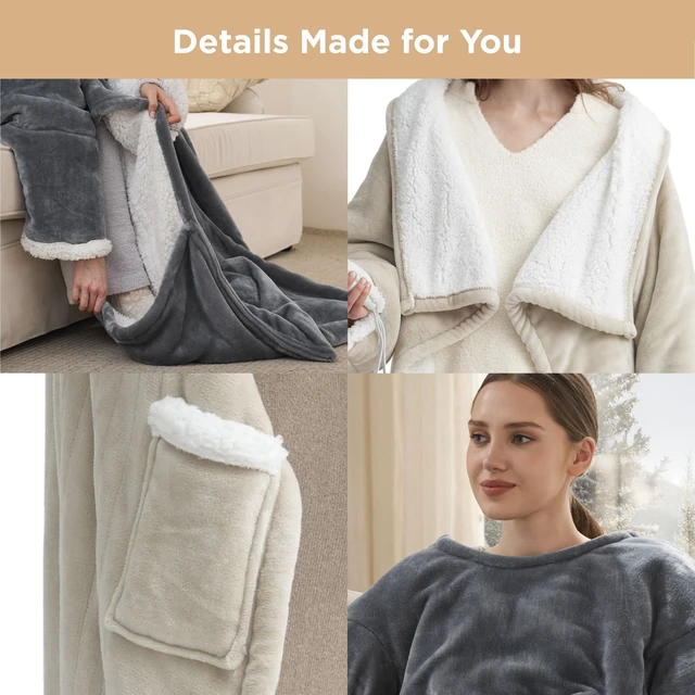 Alt view image 3 of 7 - Wearable Heated Blanket with Foot Pocket & Sleeves, 50x71+18" Cream | Preheat Function, Sherpa Electric Robe Throw, Gifts for Women, 6 Heat/6 Timer (Up to 10H) Settings, 8H Auto Shut Off, ETL/FCC