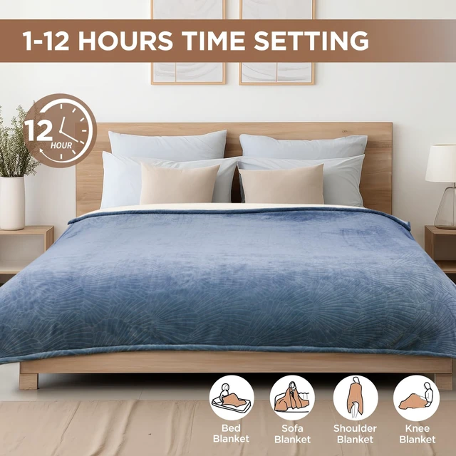 Alt view image 6 of 7 - Full Heated Blanket Flower Jacquard Flannel Sherpa 72x84, Blue | Heated Blanket Full Size with 10 Heating Levels and 1-12 Hours Auto-Off, Fast Heating Warming Blanket, Machine Washable