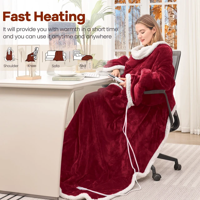 Alt view image 2 of 7 - Heated Wearable Blanket with Foot Pocket & Sleeves Electric Snuggle | Heating Throw, 6 Levels & 4H Auto Shut Off, Machine Washable (Long, Wine)