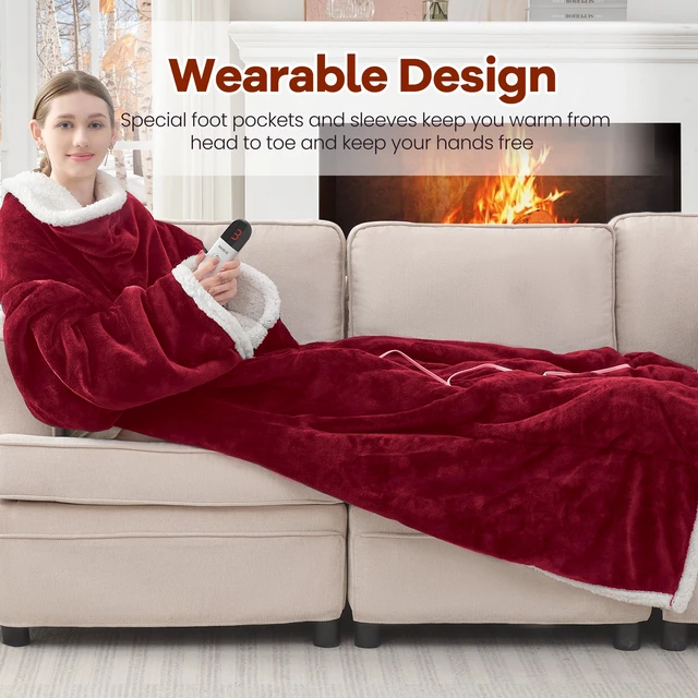 Alt view image 4 of 7 - Heated Wearable Blanket with Foot Pocket & Sleeves Electric Snuggle | Heating Throw, 6 Levels & 4H Auto Shut Off, Machine Washable (Long, Wine)