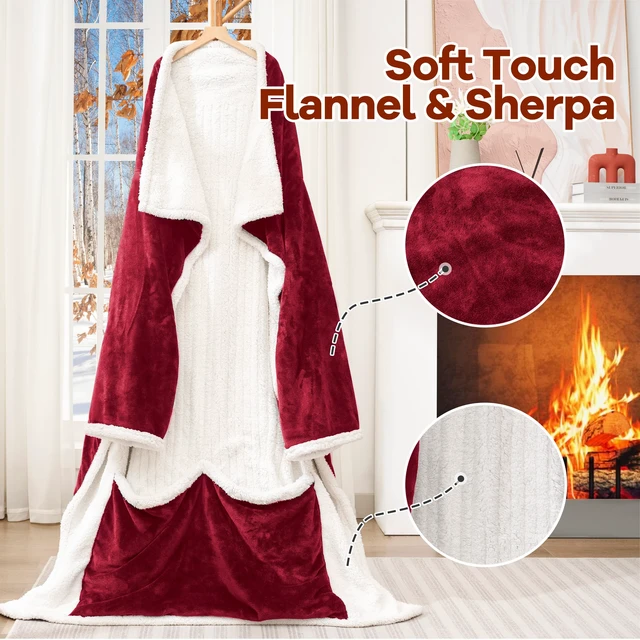 Alt view image 5 of 7 - Heated Wearable Blanket with Foot Pocket & Sleeves Electric Snuggle | Heating Throw, 6 Levels & 4H Auto Shut Off, Machine Washable (Long, Wine)