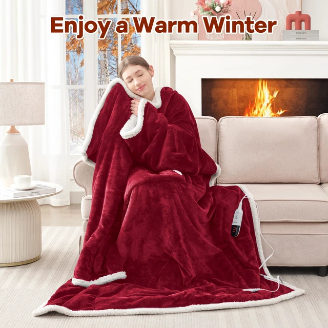 Alt view image 6 of 7 - Heated Wearable Blanket with Foot Pocket & Sleeves Electric Snuggle | Heating Throw, 6 Levels & 4H Auto Shut Off, Machine Washable (Long, Wine)