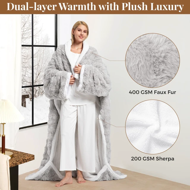 Alt view image 2 of 7 - Wearable Heated Blanket, Luxury Faux Fur & Sherpa Electric Throw Blanket with Sleeves, Foot Pockets, Heated Robe for Women Men Gift, 6 Heat Levels & 12H Timer, ETL & FCC Certified, 52"x 72" Light Grey