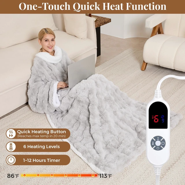 Alt view image 3 of 7 - Wearable Heated Blanket, Luxury Faux Fur & Sherpa Electric Throw Blanket with Sleeves, Foot Pockets, Heated Robe for Women Men Gift, 6 Heat Levels & 12H Timer, ETL & FCC Certified, 52"x 72" Light Grey