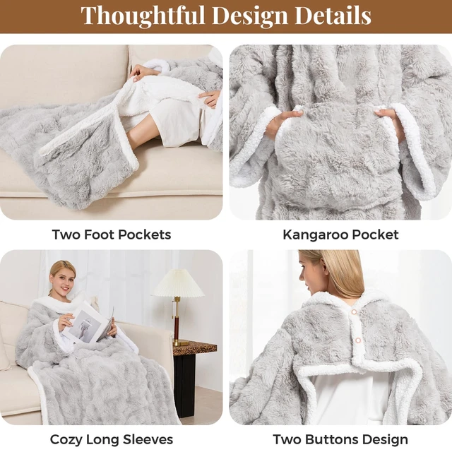 Alt view image 4 of 7 - Wearable Heated Blanket, Luxury Faux Fur & Sherpa Electric Throw Blanket with Sleeves, Foot Pockets, Heated Robe for Women Men Gift, 6 Heat Levels & 12H Timer, ETL & FCC Certified, 52"x 72" Light Grey