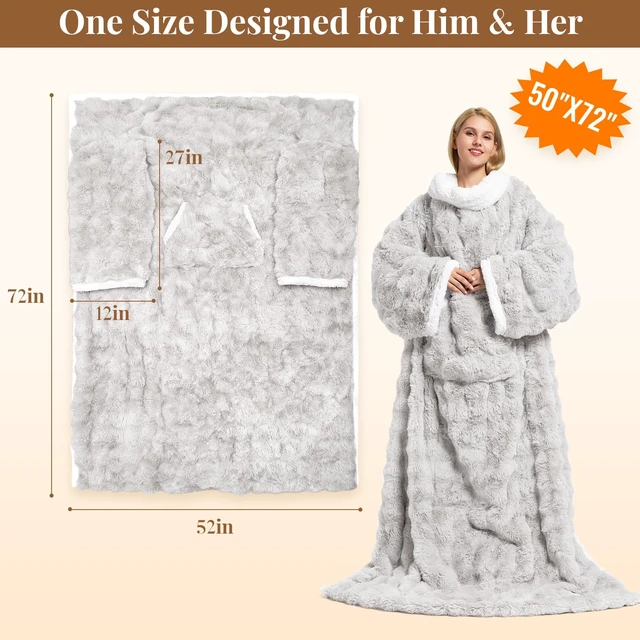 Alt view image 5 of 7 - Wearable Heated Blanket, Luxury Faux Fur & Sherpa Electric Throw Blanket with Sleeves, Foot Pockets, Heated Robe for Women Men Gift, 6 Heat Levels & 12H Timer, ETL & FCC Certified, 52"x 72" Light Grey