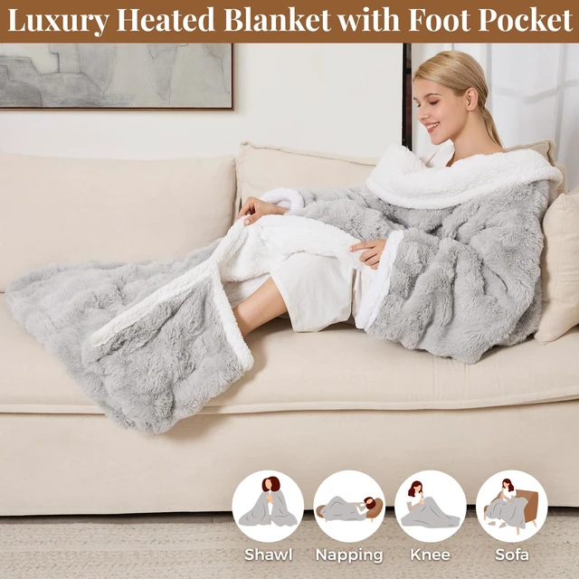 Alt view image 7 of 7 - Wearable Heated Blanket, Luxury Faux Fur & Sherpa Electric Throw Blanket with Sleeves, Foot Pockets, Heated Robe for Women Men Gift, 6 Heat Levels & 12H Timer, ETL & FCC Certified, 52"x 72" Light Grey
