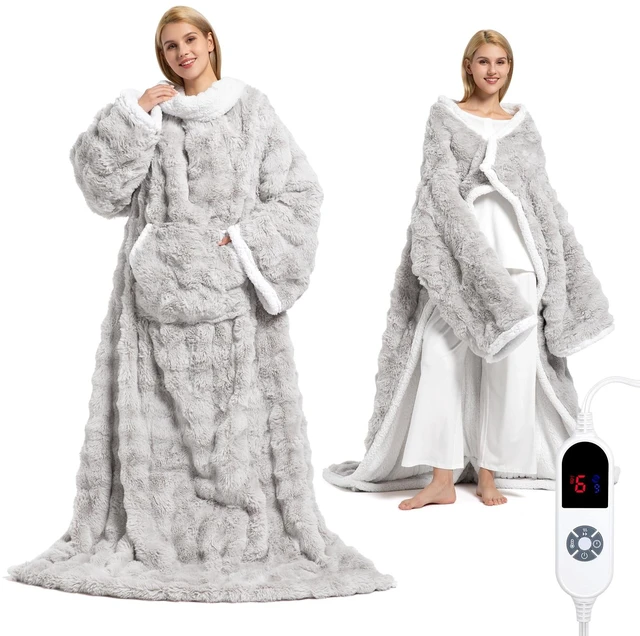 Main image of Wearable Heated Blanket, Luxury Faux Fur & Sherpa Electric Throw Blanket with Sleeves, Foot Pockets, Heated Robe for Women Men Gift, 6 Heat Levels & 12H Timer, ETL & FCC Certified, 52"x 72" Light Grey
