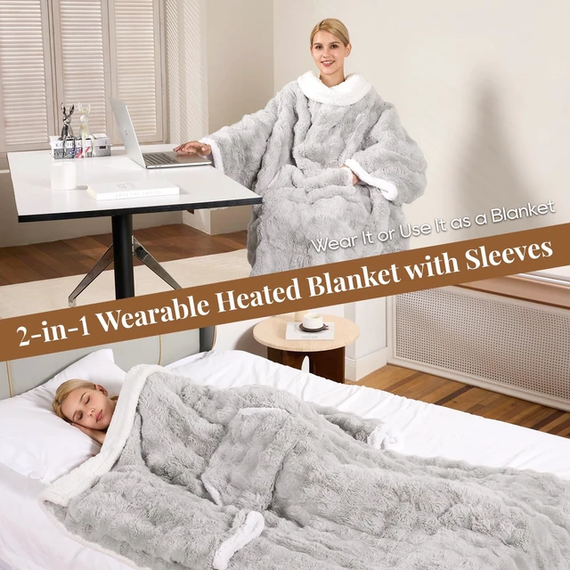 Alt view image 6 of 7 - Wearable Heated Blanket, Luxury Faux Fur & Sherpa Electric Throw Blanket with Sleeves, Foot Pockets, Heated Robe for Women Men Gift, 6 Heat Levels & 12H Timer, ETL & FCC Certified, 52"x 72" Light Grey