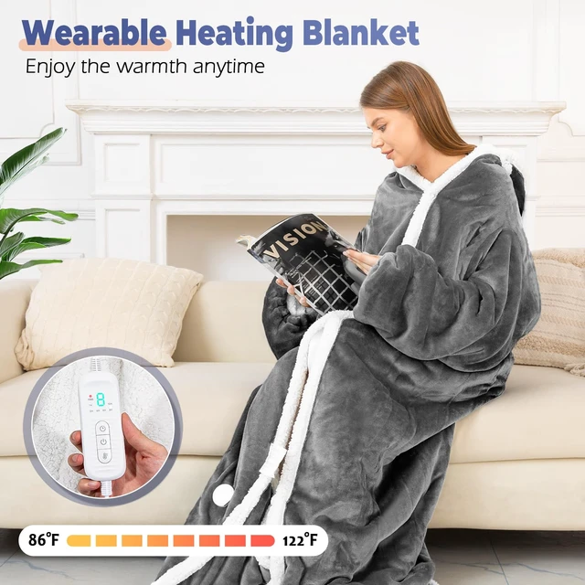 Alt view image 2 of 7 - Wearable Heated Blanket with Foot Pocket, Electric Wearable Throw Blanket with Sleeves, Hood, Portable Heated Blanket with 8 Heat Settings, 1-10 Hours Auto Shut-off, Gift for Family, Friends, 50*70"