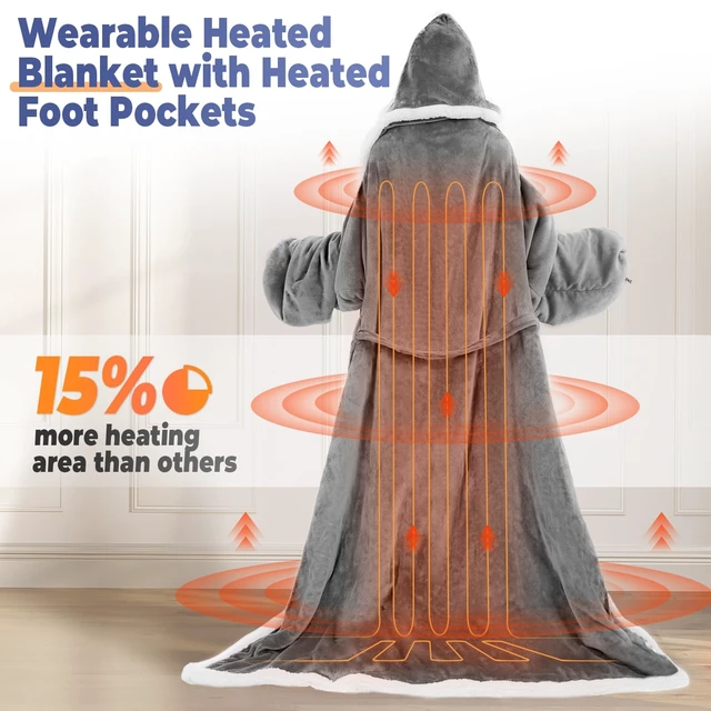 Alt view image 5 of 7 - Wearable Heated Blanket with Foot Pocket, Electric Wearable Throw Blanket with Sleeves, Hood, Portable Heated Blanket with 8 Heat Settings, 1-10 Hours Auto Shut-off, Gift for Family, Friends, 50*70"