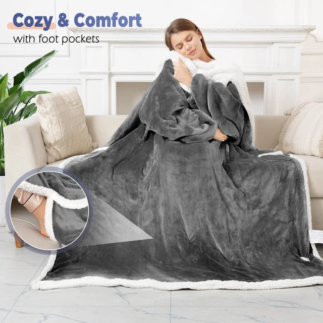 Alt view image 3 of 7 - Wearable Heated Blanket with Foot Pocket, Electric Wearable Throw Blanket with Sleeves, Hood, Portable Heated Blanket with 8 Heat Settings, 1-10 Hours Auto Shut-off, Gift for Family, Friends, 50*70"
