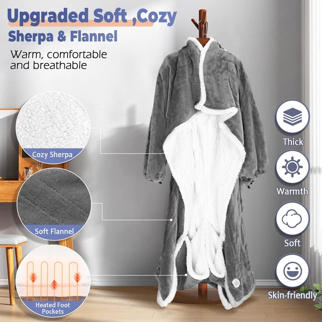 Alt view image 6 of 7 - Wearable Heated Blanket with Foot Pocket, Electric Wearable Throw Blanket with Sleeves, Hood, Portable Heated Blanket with 8 Heat Settings, 1-10 Hours Auto Shut-off, Gift for Family, Friends, 50*70"