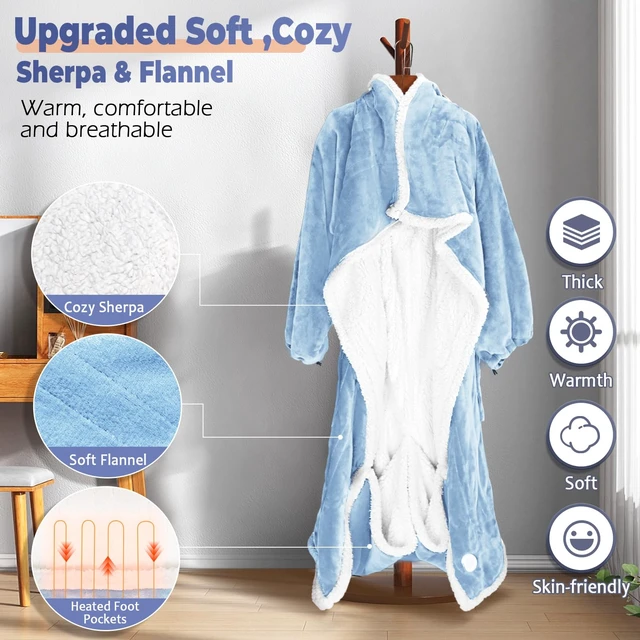 Alt view image 5 of 7 - Wearable Heated Blanket with Foot Pocket, Electric Wearable Throw Blanket with Sleeves, Hood, Portable Heated Blanket with 8 Heat Settings, 1-10 Hours Auto Shut-off, Gift for Family, Friends, 50*70"