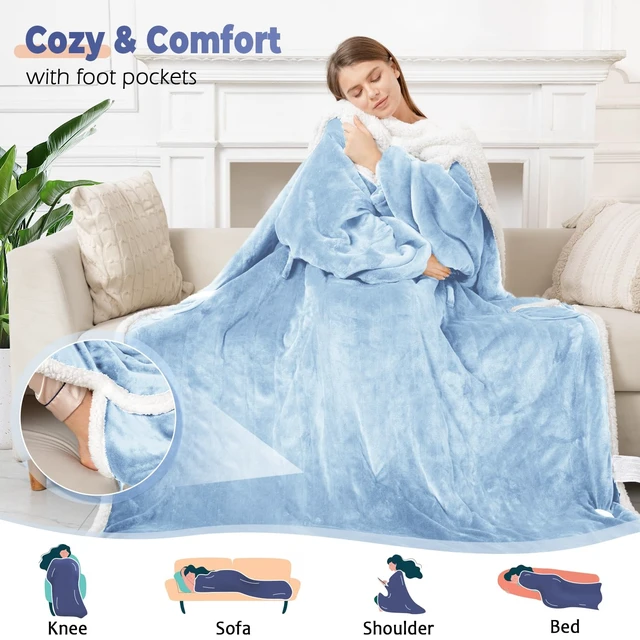 Alt view image 3 of 7 - Wearable Heated Blanket with Foot Pocket, Electric Wearable Throw Blanket with Sleeves, Hood, Portable Heated Blanket with 8 Heat Settings, 1-10 Hours Auto Shut-off, Gift for Family, Friends, 50*70"