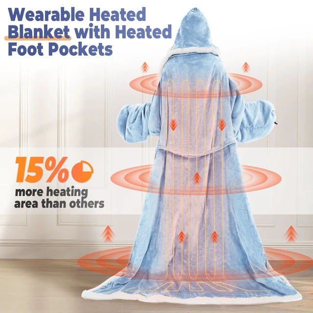Alt view image 6 of 7 - Wearable Heated Blanket with Foot Pocket, Electric Wearable Throw Blanket with Sleeves, Hood, Portable Heated Blanket with 8 Heat Settings, 1-10 Hours Auto Shut-off, Gift for Family, Friends, 50*70"