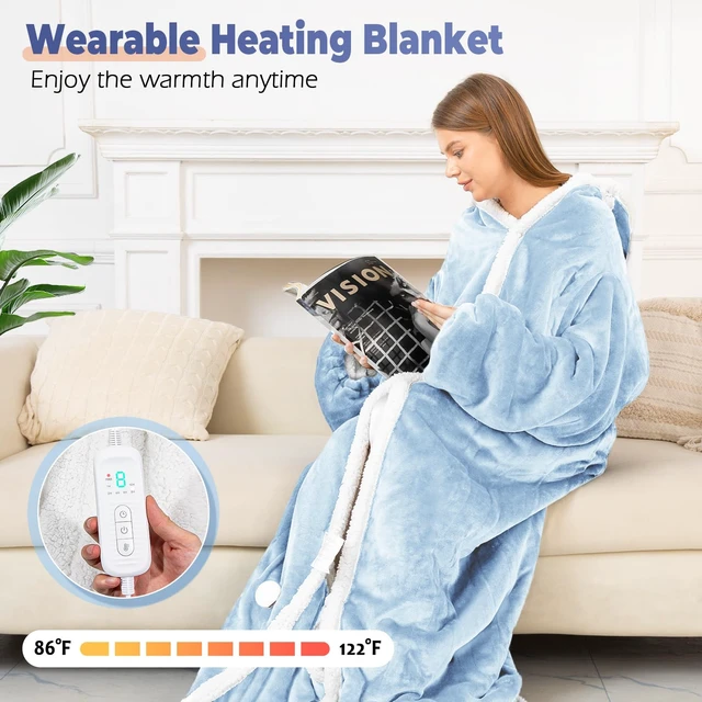 Alt view image 2 of 7 - Wearable Heated Blanket with Foot Pocket, Electric Wearable Throw Blanket with Sleeves, Hood, Portable Heated Blanket with 8 Heat Settings, 1-10 Hours Auto Shut-off, Gift for Family, Friends, 50*70"
