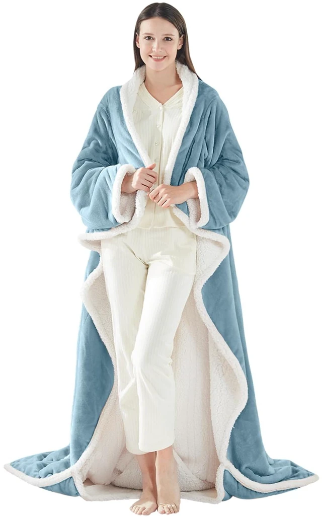 Main image of Wearable Electric Blanket with Foot Pocket, 50"x70"+18", Light Blue | Heated Snuggle Blanket with Sleeves, Reversible Flannel to Sherpa, 6 Heating Settings, 2-10 Hours Auto Shut Off During Winter