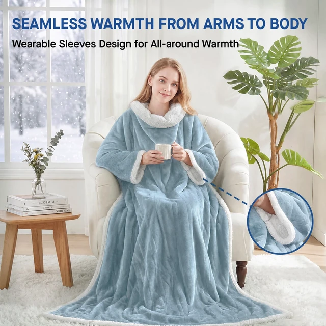 Alt view image 2 of 7 - Wearable Electric Blanket with Foot Pocket, 50"x70"+18", Light Blue | Heated Snuggle Blanket with Sleeves, Reversible Flannel to Sherpa, 6 Heating Settings, 2-10 Hours Auto Shut Off During Winter