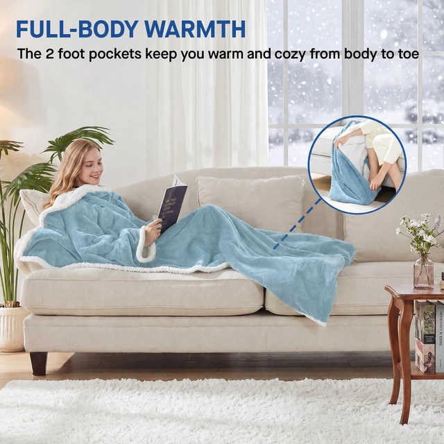 Alt view image 3 of 7 - Wearable Electric Blanket with Foot Pocket, 50"x70"+18", Light Blue | Heated Snuggle Blanket with Sleeves, Reversible Flannel to Sherpa, 6 Heating Settings, 2-10 Hours Auto Shut Off During Winter