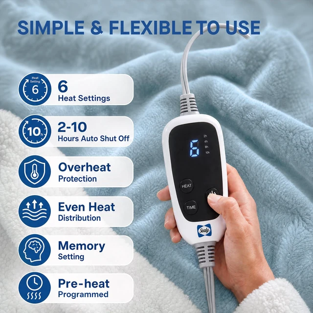 Alt view image 4 of 7 - Wearable Electric Blanket with Foot Pocket, 50"x70"+18", Light Blue | Heated Snuggle Blanket with Sleeves, Reversible Flannel to Sherpa, 6 Heating Settings, 2-10 Hours Auto Shut Off During Winter