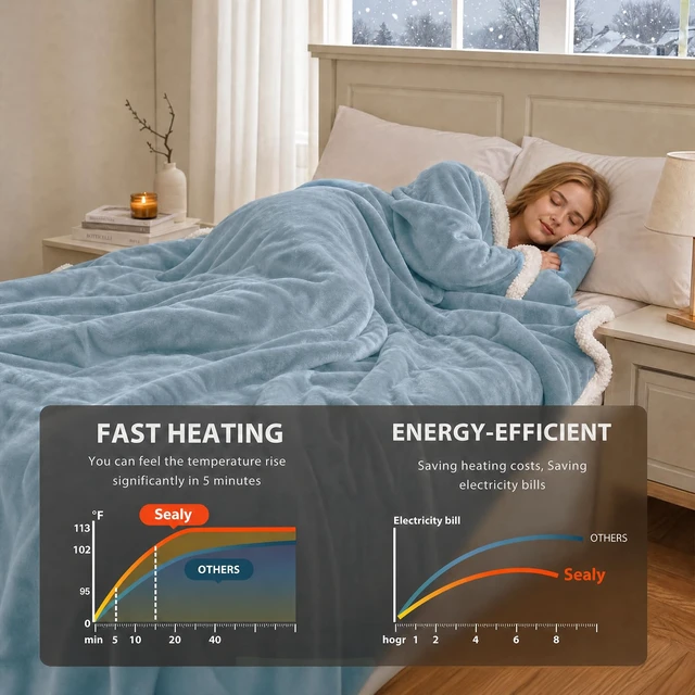 Alt view image 5 of 7 - Wearable Electric Blanket with Foot Pocket, 50"x70"+18", Light Blue | Heated Snuggle Blanket with Sleeves, Reversible Flannel to Sherpa, 6 Heating Settings, 2-10 Hours Auto Shut Off During Winter