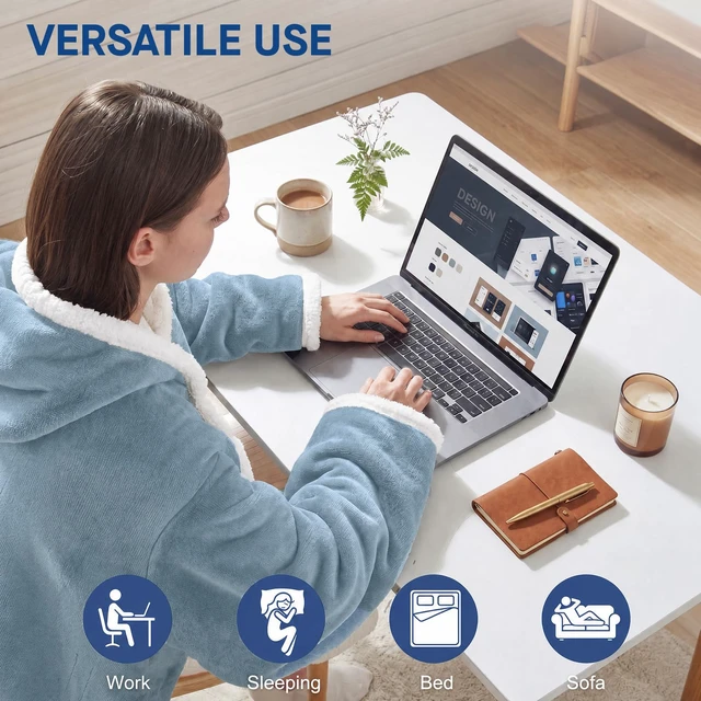 Alt view image 7 of 7 - Wearable Electric Blanket with Foot Pocket, 50"x70"+18", Light Blue | Heated Snuggle Blanket with Sleeves, Reversible Flannel to Sherpa, 6 Heating Settings, 2-10 Hours Auto Shut Off During Winter