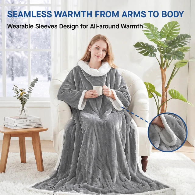Alt view image 2 of 7 - Wearable Electric Blanket with Foot Pocket, 50"x70"+18", Light Grey | Heated Snuggle Blanket with Sleeves, Reversible Flannel to Sherpa, 6 Heating Settings, 2-10 Hours Auto Shut Off During Winter